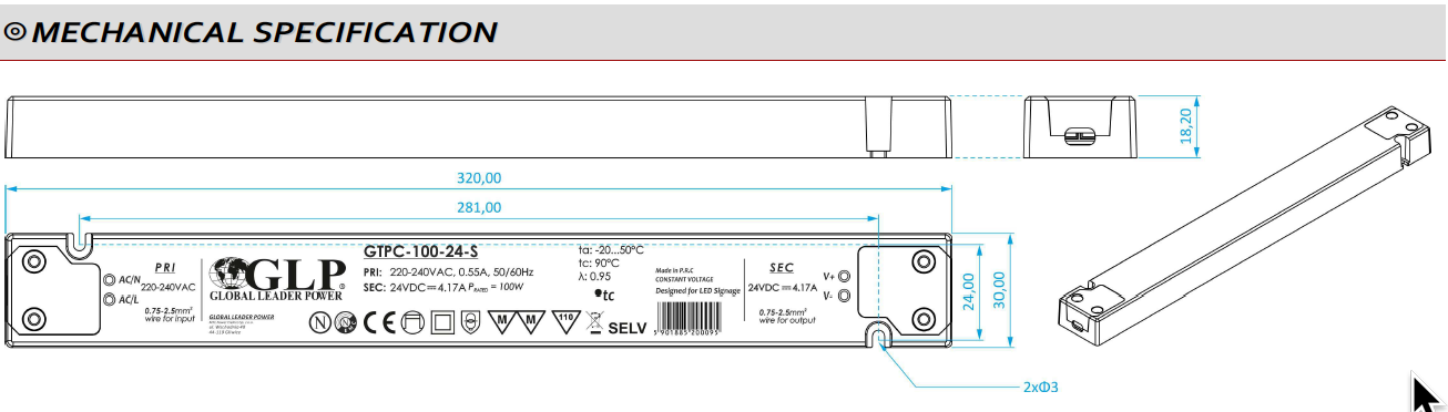 GTPC-100-24-S Napěťový zdroj SLIM 24V 4.17A 100W